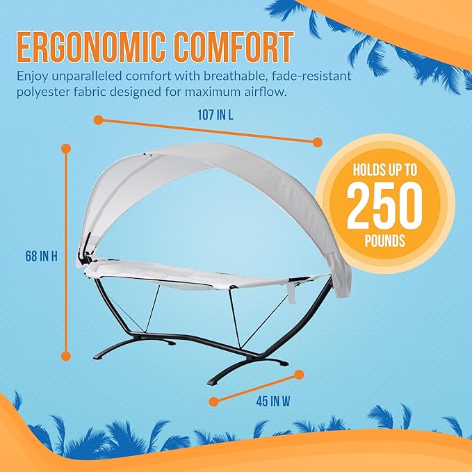 Island Retreat Sea Breeze Steel Frame Hammock Lounge Chair with Canopy - Luxury Shaded Hammock with Stand for Outside - Boho Style Beach Chair with Adjustable & Removeable Canopy - Black & Champagne