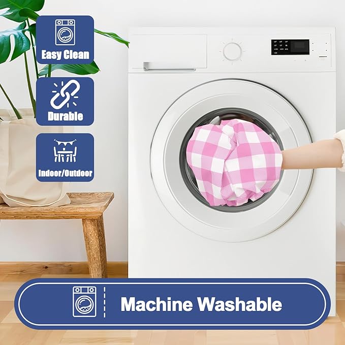 Smiry Picnic Table Cover with Bench Covers, Waterproof Elastic Fitted Tablecloths for 6 Foot Rectangle Tables, Washable Buffalo Plaid Tablecloth for Camping, Outdoor (Pink & White, 30"x72")