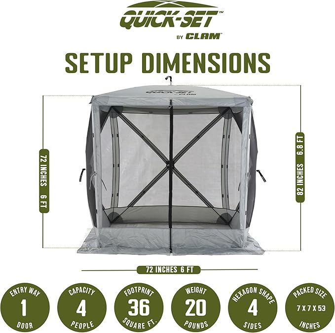CLAM Pop Up Screen Tent, Outdoor Camping Gazebo Canopy, Traveler, 6' x 6', Gray