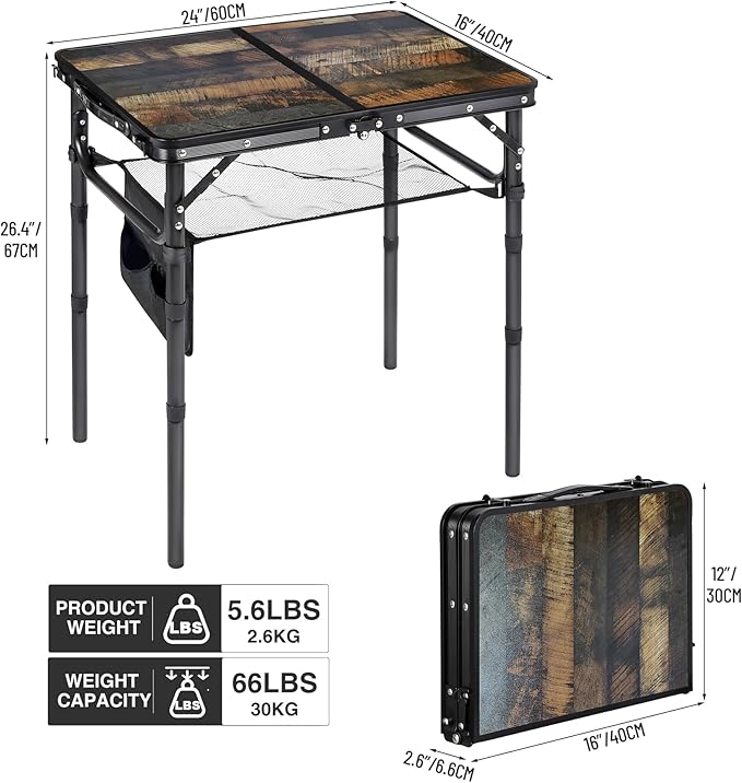 RedSwing Small Folding Table with Side Pocket Adjustable Height, Lightweight and Portable Aluminum Frame Camping Table for Outdoor Indoor Picnic, 2 Feet, Brown Wide Wood Grain