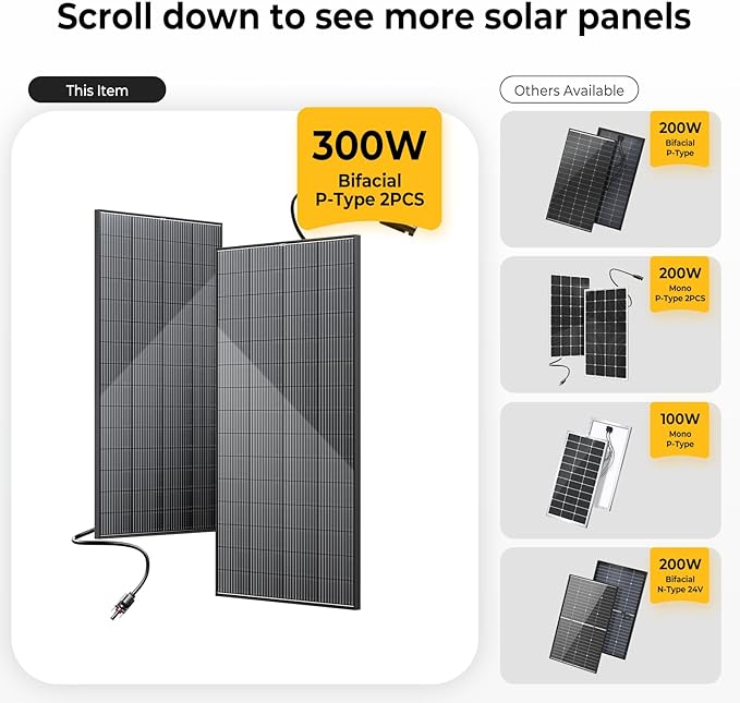 BougeRV Bifacial 600 Watts 12BB Solar Panel, 23% Efficiency All Black Design Monocrystalline Technology Work with 12 Volts Charger for RV Camping Home Boat Marine Off-Grid (BIFACIAL 2PCS 300W)