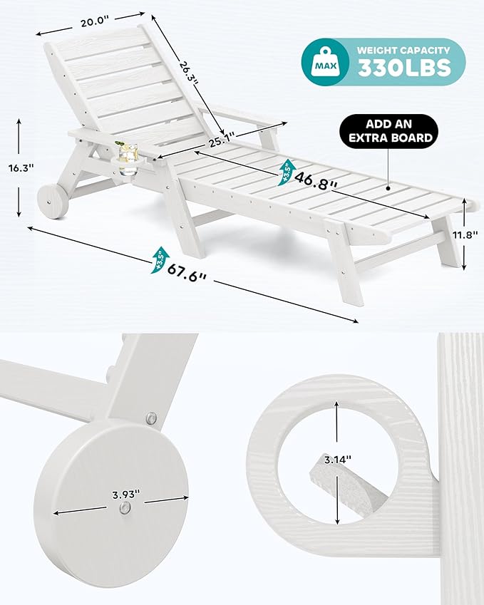 SERWALL Patio Chaise Lounge Chair Set of 8, 5 Positions Adjustable Poly Outdoor Lounge Chair for Pool, HDPE Lounge Chair with Rolling Wheels & Cup Holder for Poolside, Deck, White