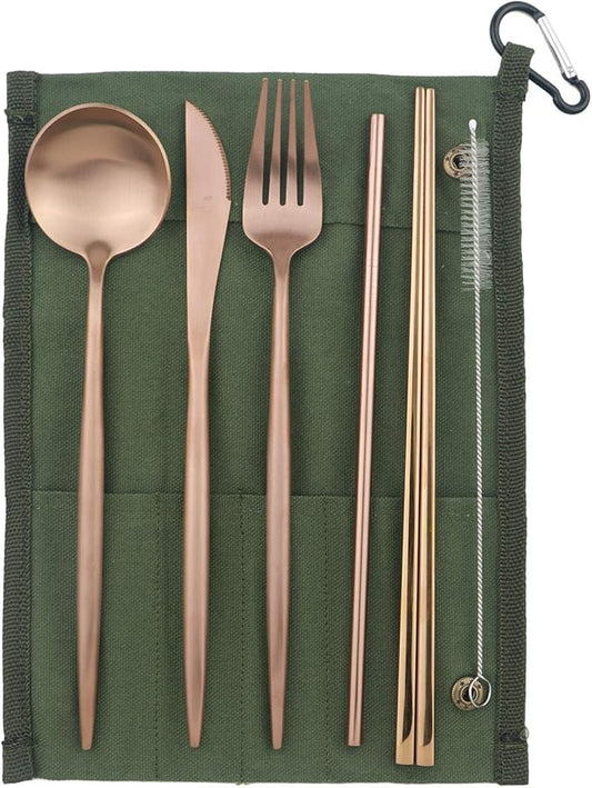 Portable 6 Pieces Flatware Set, 304 Stainless Steel Knife, Fork, Spoon, Chopsticks, Metal Straw, Cleaning Brush, Durable Travel Cutlery Set, Army Green Pouch Bag, Rose Gold