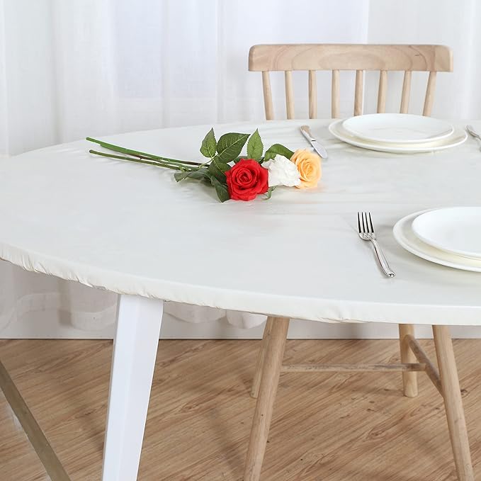 LUSHVIDA Round Waterproof Table Cover Elastic Vinyl Fitted Tablecloth Elastic Edged Plastic Table Cloth (Ivory, Best for Up to 45"-56" Round)