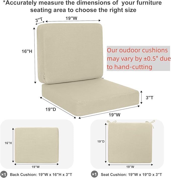 Favoyard Outdoor Deep Seat Cushion Set, 19 x 19 Inch Rainproof & 3-Year Fade Resistant Patio Furniture Cushions, Removable Seat Bottom & Back Cushion Covers with Ties for Chair, Sofa, Couch, Beige