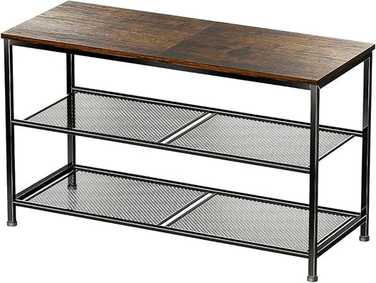 Shoe Rack for Closet, 3 Tier Shoe Organizer for Entryway, Freestanding Metal Storage Shoe Shelf with Wood Top, 8-12 Pairs of Shoes, Rustic Brown Black
