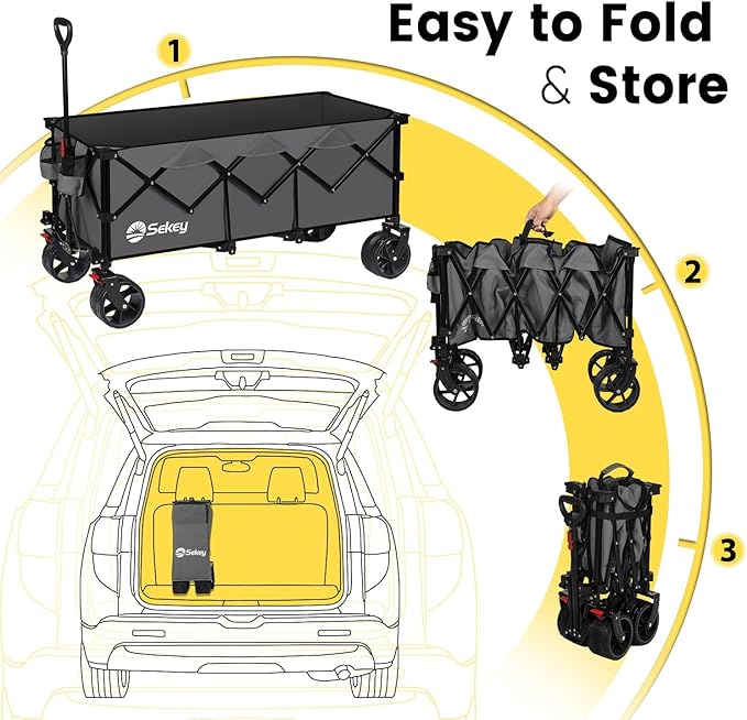 Sekey 48''L Collapsible Foldable Extended Wagon with 440lbs Weight Capacity, Heavy Duty 300L Folding Utility Garden Cart with Big All-Terrain Beach Wheels & Drink Holders. Grey