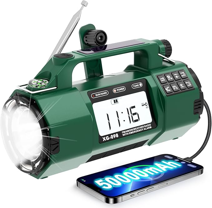 Emergency Alert NOAA Weather Radio with Hand Crank & Solar Power, AM/FM/SW Portable Radio, Replaceable Battery, Flashlight, Phone Charger, SOS Alarm for Hurricane, Power Outage, Camping Gifts