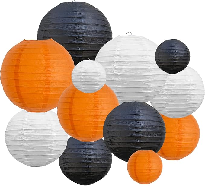 BEISHIDA 12Pcs Orange Black White Paper Lanterns Decorative Chinese/Japanese Hanging Round Paper Lanterns Lamp for Halloween，Birthday, Wedding, Christmas, Bridal,Home Decor, Party Decoration
