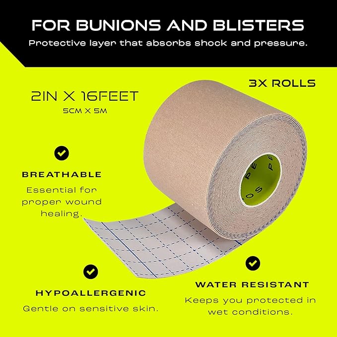Moleskin Tape - 3 Rolls - 2in x 16ft - Blister Prevention for Foot, Toe & Heel | Water Resistant & Hypoallergenic | Thin Mole Skin Padding & Athletic Tape for Running, Hiking, Walking