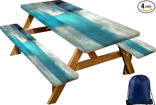 CAPSCEOLL Elastic Picnic Table Cover with Bench Covers 5Ft Waterproof Fitted Picnic Table Cover Cloths for Outdoors Camping Tablecloth with Drawstring Bag, 60X30in, Blue White