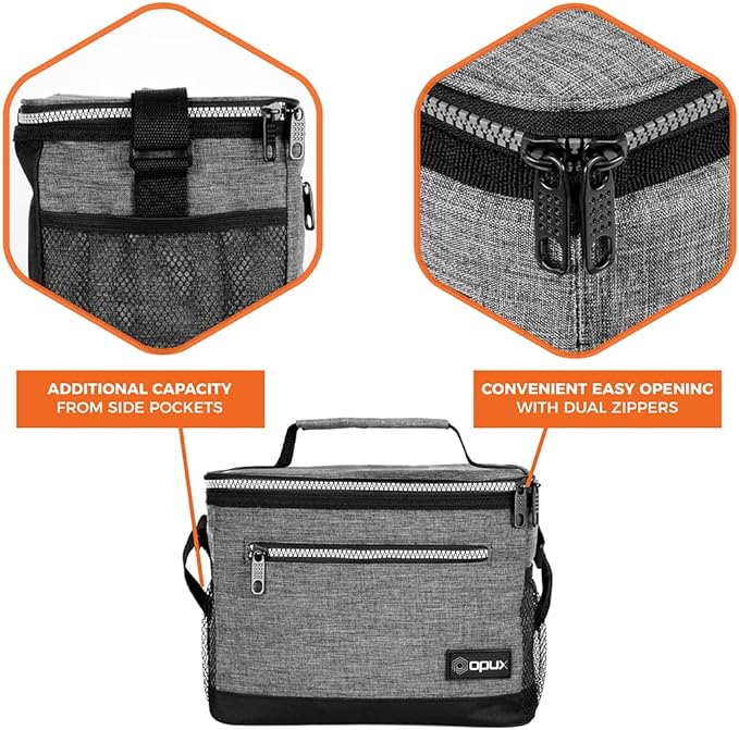 opux Insulated Lunch Box Men Women, Lunch Bag for Work School, Leakproof Soft Cooler Tote Adult, Large Lunch Pail Kids Boys Girls, Picnic Beach Food Bag with Shoulder Strap, Heather Grey