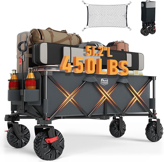 TIMBER RIDGE 51.2" Extended Collapsible Wagon - Heavy-Duty Utility Cart with All-Terrain Wheels, Brakes & Cargo Net, 400L Capacity for Camping, Sports & Shopping, Grey