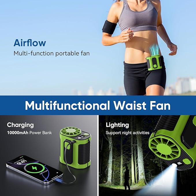 Portable Waist Fan, 10-Speed Rechargeable Body Fan with LED Light,Hands Free Wearable Belt Clip Waist Fans, 10000mAh Battery Cooling Fans, Dual Clips/Power Bank, 15000RPM for Camping, Outdoor, Jobsite