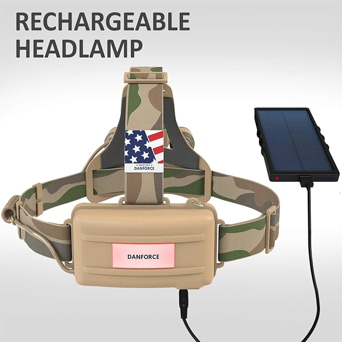 DanForce Camouflaged Headlamp Ultra Bright USB Rechargeable Head lamp. Tactical Head Flashlight Designed Especially for Hunting & Fishing. LED Headlamps LUMINUS 1080 Lumens Headlight with Red Light