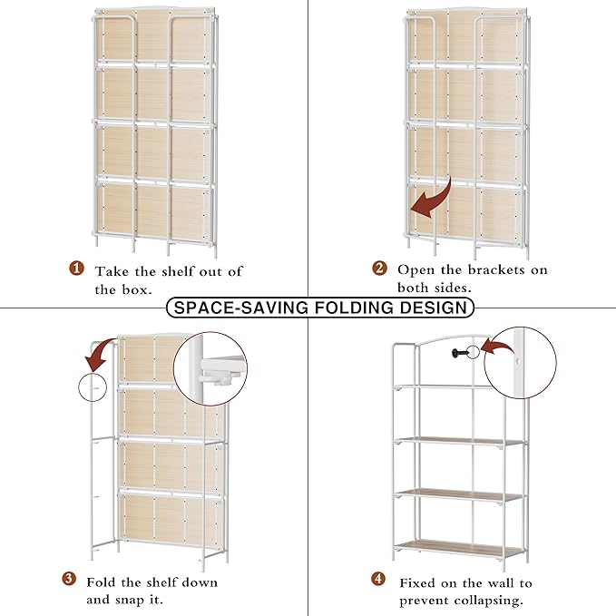 Crofy No Assembly Folding Bookshelf for Living Room, 4 Tier White Collapsible Book Shelf for Home Office, Portable Bookcase Storage Organizer