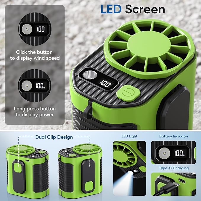 Portable Waist Fan, 10-Speed Rechargeable Body Fan with LED Light,Hands Free Wearable Belt Clip Waist Fans, 10000mAh Battery Cooling Fans, Dual Clips/Power Bank, 15000RPM for Camping, Outdoor, Jobsite