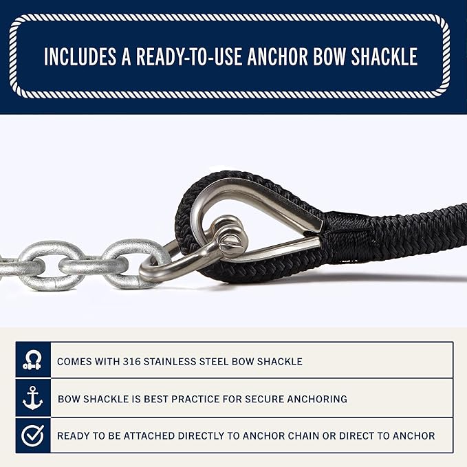 RainierSupplyCo Boat Anchor Rope - Double Braided Marine Rope Anchor Line - 50 ft x 1/4 Inch Nylon Boating Line with 316 Stainless Steel Thimble and Heavy Duty Marine Grade Snap Hook - Black