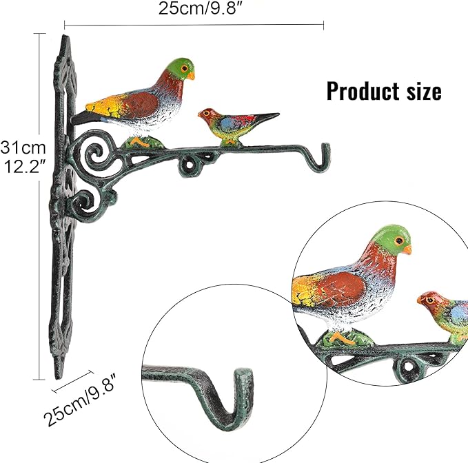 Sungmor Cast Iron Hanging Plant Bracket, 2 Pack Heavy Duty Hanging Basket Brackets, 10" Deep Outdoor Wall Plant Hangers, Decorative Garden Hooks for Flower Basket Bird Feeder Wind Chime Solar Light