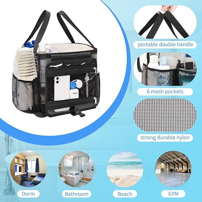Mesh Shower Caddy Portable, Quick Dry Hanging Toiletry Bag for College Dorm Essentials with 4 Pockets/Divider/Plastic Bottom, Travel Tote Bag for Camping, Bathroom, Beach, Swimming, Gym