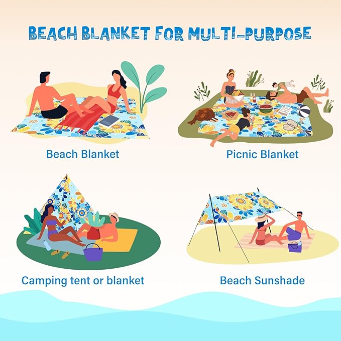 Beach Blanket Waterproof Sandproof 1-7 Adult Oversized 78 '' × 81 '' Lightweight Durable Compact Sand Free Beach Mat for Travel Camping Hiking Picnic Blanket Extra Large