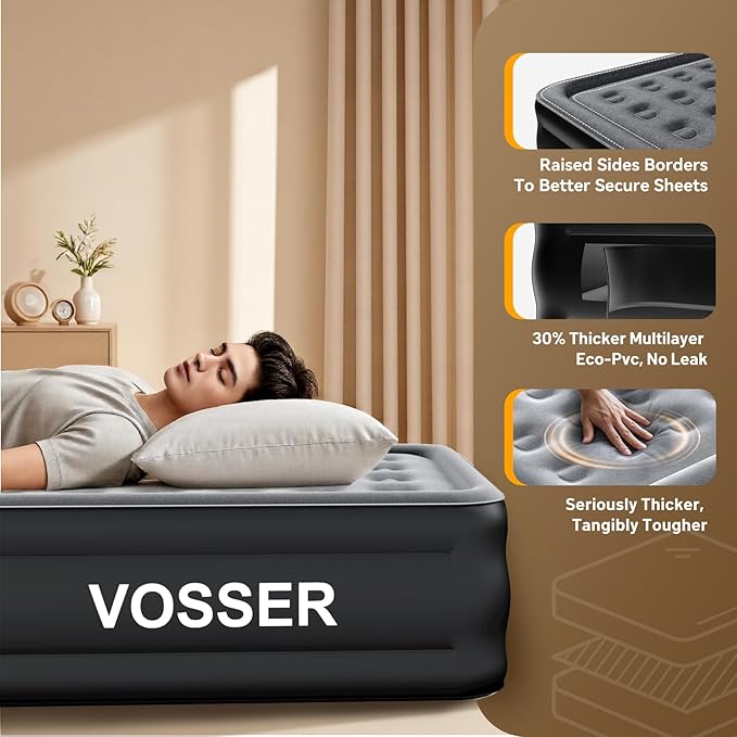 Air Mattress Twin with Built in Pump,18” Raised Blow Up Mattress,Inflatable Mattress in 2 Mins,Single Twin Size Air Mattress for Home,Floor&Camping, Air Bed for Adults,330LB Max,Black