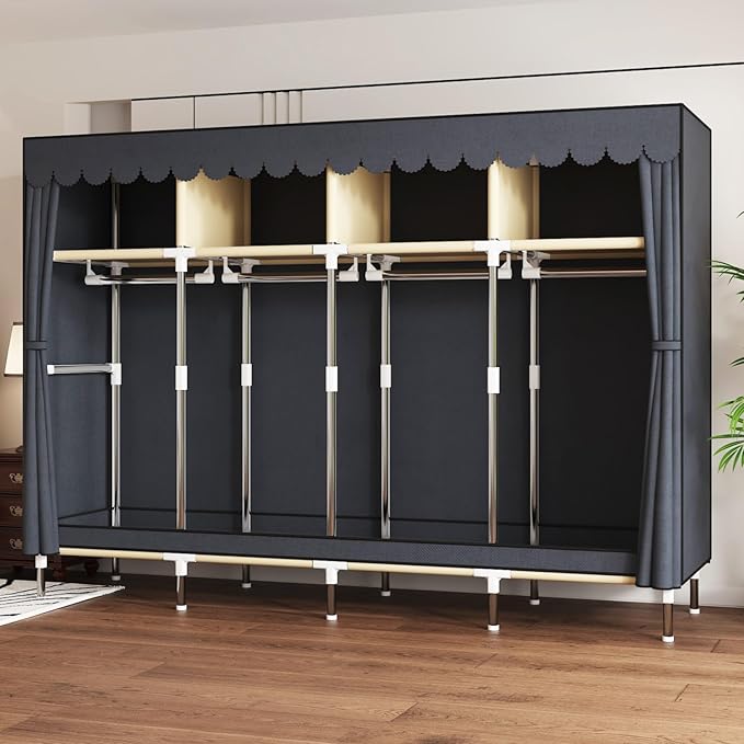 Portable Wardrobe Closet Durable and Easy to Assemble Heavy Duty Clothes Rack with Non-Woven Cover Fabric Best for Bedroom and Easy Storage and Organization (Grey-B)