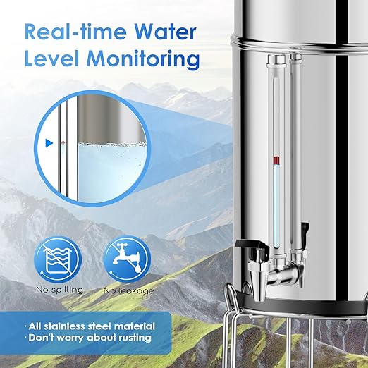 Purewell 7-Stage 0.01μm Ultra-Filtration Alkaline Water Filter System with 4 Filters, Metal Water Level Spigot and Stand, 304 Stainless Steel, Reduce Fluoride & Chlorine, pH 8-9, 2.25G, PW-OB-FT