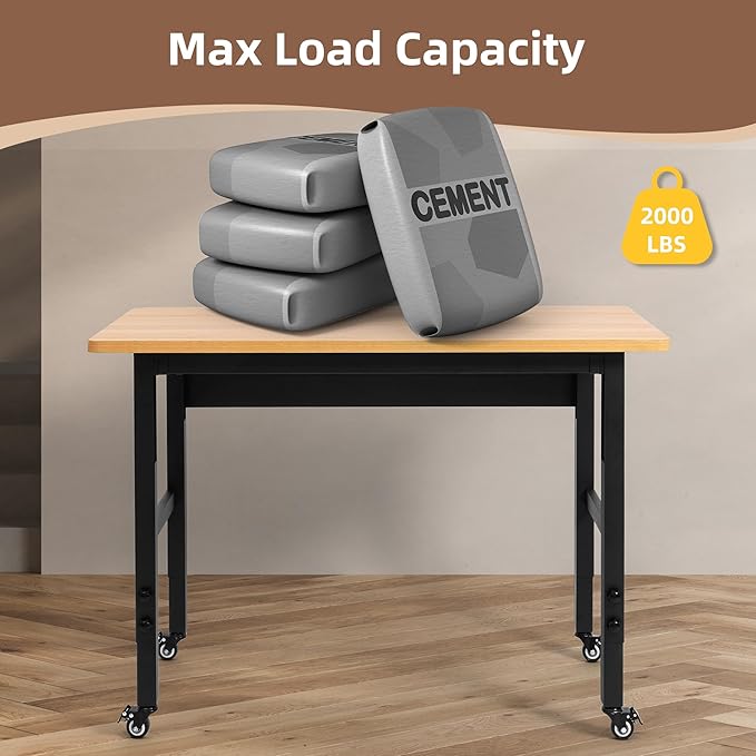 48" Adjustable Workbench with Wheels, Rolling Work Table for Garage, 2000 LBS Capacity Hardwood Work Bench, Heavy Duty Table for Workshop, Office, Garage, Home