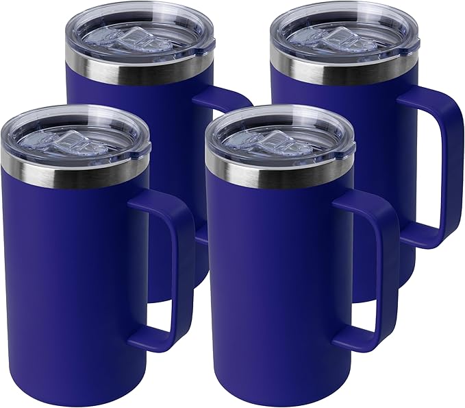 DOMICARE 24oz Mug with Handle and Lid, Stainless Steel Coffee Mug, Travel Mug with Handle, Double Wall Vacuum Coffee Tumbler, Reusable Insulated Cup, Dark Blue, Pack 4