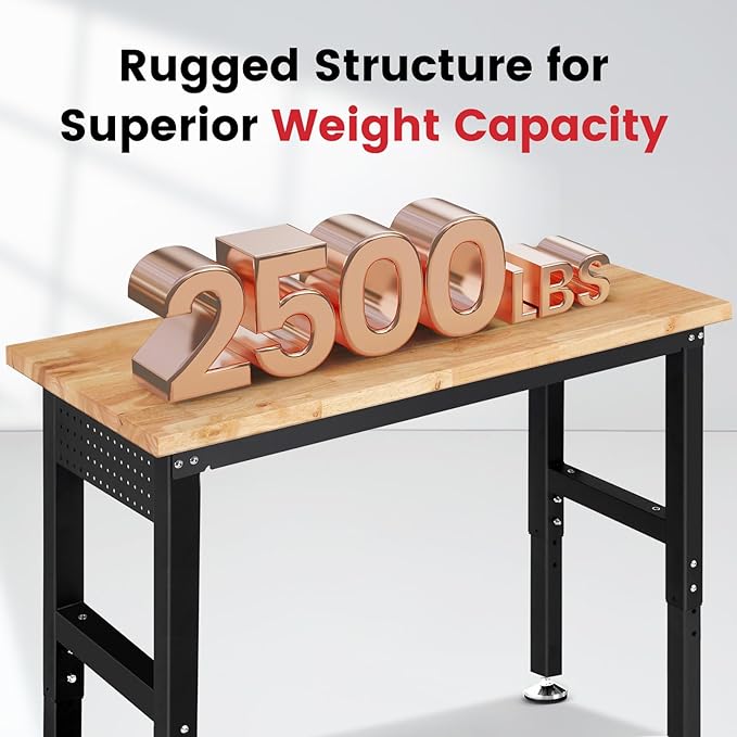 60 Inch Workbench for Garage Adjustable Height Work Bench with Pegboard Power Outlets Rubber Wood Tabletop Work Table for Cutting Wood Woodworking Shop Home Office Electronic