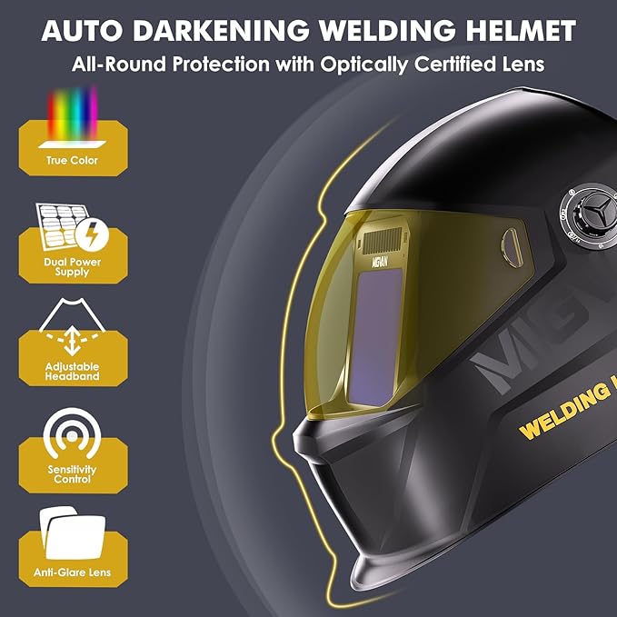 Welding Helmet Auto Darkening True Color Large Viewing, Welding Hood Solar/Rechargeable Battery Powered, Wide Shade 4/5-13 with 4 Arc Sensor, Optical Clarity Welder Mask for TIG MIG Stick Cut Grind