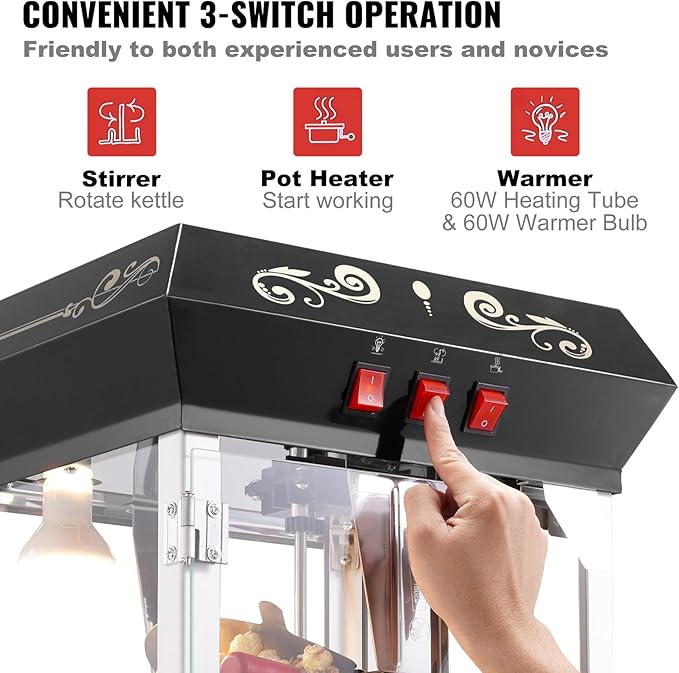 VEVOR Popcorn Maker, 850W Popcorn Popper Machine, 8 Oz Kettle Makes 48 Cups per Batch, Countertop Popcorn Maker with Tempered Glass, Includes 4 Scoops, Movie Theater Style, Black