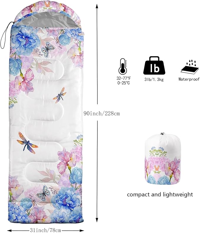 Sleeping Bags for Adults and Kids，3D Printing Camping Sleeping Bag for Girls Boys Lightweight Waterproof Cold/Warm 3-Season，Outdoor Travel with Compression Bags