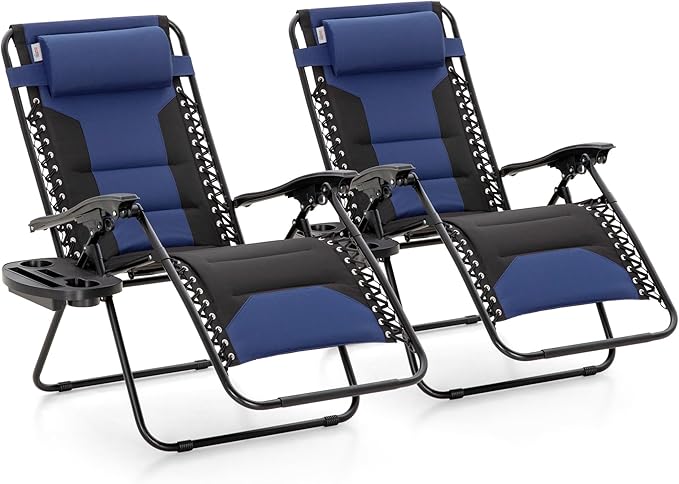 MAISON ARTS Oversized XXL Padded Zero Gravity Chair, Lawn Outdoor Lounge Chairs Set of 2, Foldable Recliners 28" Wide Seat Anti-Gravity for Patio Camping Poolside Yard, Support 400lbs, Blue & Black