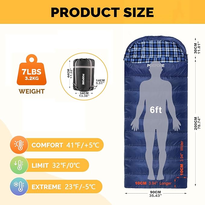 Flannel Sleeping Bag Cotton 0 Degree Cold Weather for Adults XXL Sleeping Bag 4 Season Big and Tall with Compression Sack