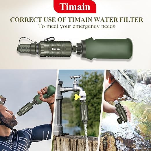 Timain Portable Personal Water Filter Straw Water Filter Survival Gear for Emergency Preparedness, Outdoor Activities, Travel, Camping, Hiking, Fishing, Hunting (Green)
