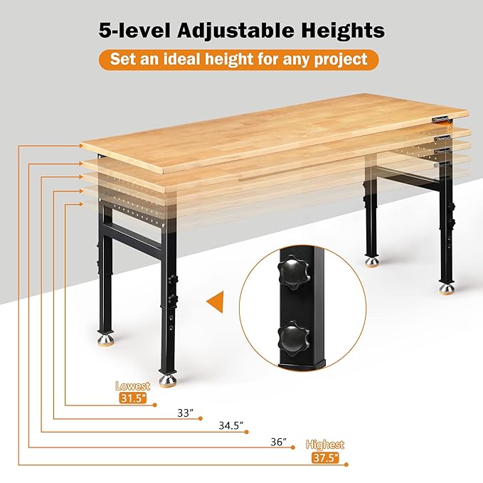 60" Heavy-Duty Adjustable Workbench for Garage, Rubber Wood Shop Table W/Double Pegboards & Drawer,Hardwood Workstation Weight Capacity Over 2000 Lbs