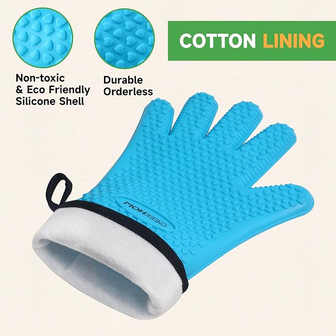 GEEKHOM BBQ Gloves Heat Resistant Oven Mitts - Silicone Grilling Gloves with 13.7" Arm Protection - Waterproof Pot Holder Non-Slip for Men & Women, Kitchen Outdoor Cooking, Baking, Camping, Blue