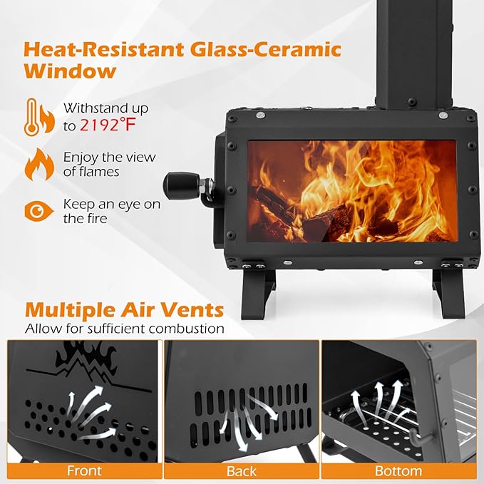 Camping Wood Stove, Portable Wood Burning Stove wtih X-shaped Pot Holder, Glass-Ceramic Window & Carbon Bridge, Tabletop Fire Pit Stove for Outdoor Cooking, Heating, Hunting & Ice Fishing