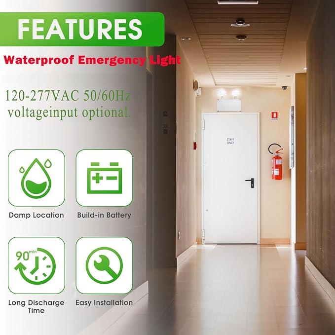 Waterproof LED Emergency Light, White housing, Dual Rotational LED Emergency Light with Backup Battery, Commercial Grade, Fire Resistant，Suitable for Wall Mount, Wet Location WMU