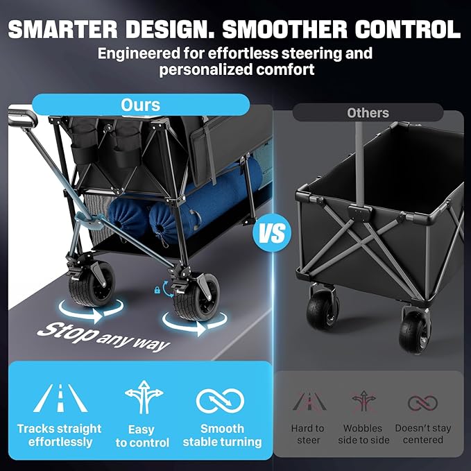 400L Folding Double Decker Wagon, 560LBS Heavy Duty Utility Cart with Brakes, Wagon Cart with Wheels Foldable, All-Terrain Big Wheels for Camping, Beach, Picnic, Outdoor Use, Black