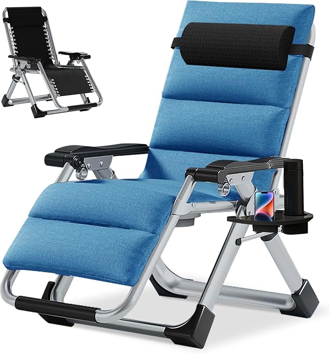 NAIZEA Padded Zero Gravity Chair, Folding Outdoor Lounge Chairs, Adjustable Reclining Camping Chairs with Cup Holder, Ergonomic Patio Lawn Chair for Balcony Beach Deck Yard