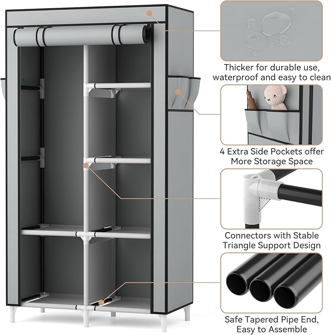 ROJASOP Portable Closet Wardrobe Closet for Hanging Clothes with 6 Storage Shelves, 1 Hanging Rod and 4 Pockets, Clothes Organizer and Storage Wardrobe Free Standing Closet for Bedroom, Grey