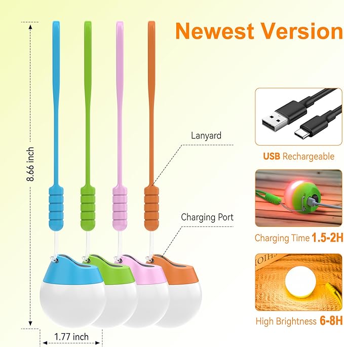 LETMY Rechargeable Camping Lights, 4 Pack Portable Tent lights With 4 Lighting Modes, 150LM LED Camping Lantern Waterproof, Only 20g Hanging Tent Lantern for Hiking Backpacking Power Outages Emergency