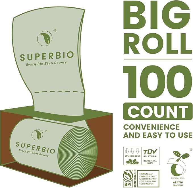 SUPERBIO 2.6 Gallon Flat Top Compostable Food Waste Bags, 100 Count, 2 Pack,9.84L, Food Scrap Bags, BPI Certified and OK compost INDUSTRIAL