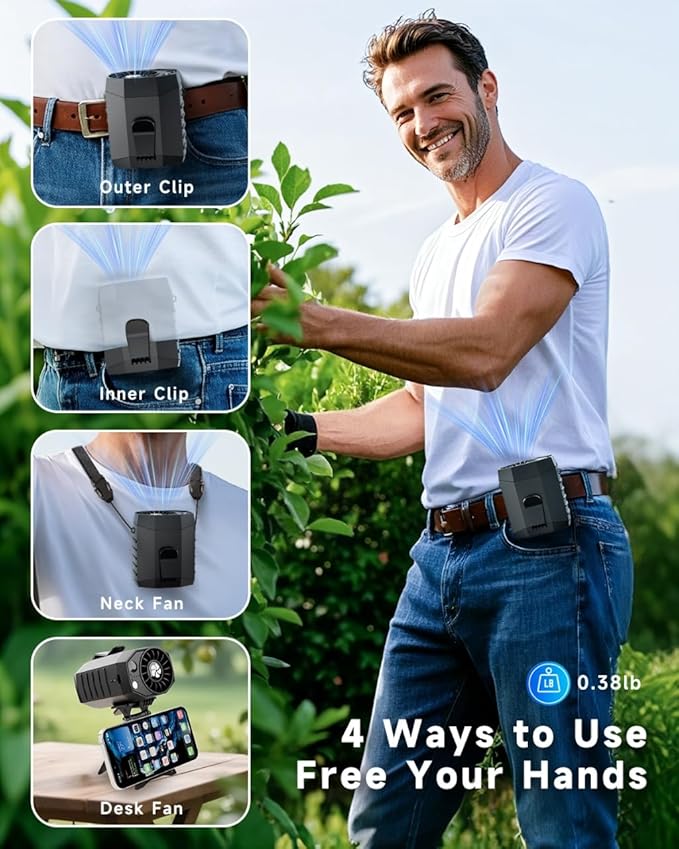 2025 Smart Portable Rechargeable Fan with LED Light & 25H Runtime, 4-Speed 9200RPM Turbo Cooling Personal Waist Fan, Wearable Neck & Belt Clip for Camping, Outdoor, Hiking - Black with Bracket