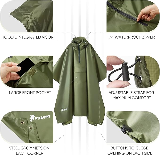 PTEROMY Hooded Rain Poncho for Adult with Pocket, Waterproof Lightweight Unisex Raincoat for Hiking Camping Emergency