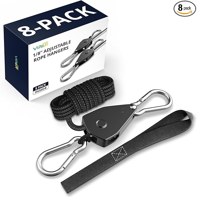 VIPARSPECTRA Retractable Heavy Duty Ratchet Tie Down Straps [8 Pack, 8ft, 75lbs/Pack], Rope Pulley System with Carabiner Hook Rope Adjuster for Hanging Plants/Grow Light/Tents Various Tie-Down Uses