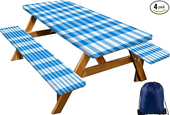 CAPSCEOLL Elastic Picnic Table Cover with Bench Covers 5Ft Waterproof Fitted Picnic Table Cover Cloths for Outdoors Camping Tablecloth with Drawstring Bag, 60X30in, Blue Checkered